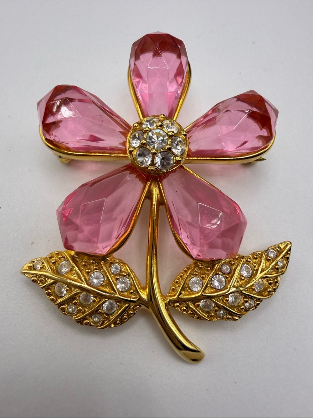 Joan Rivers Pink Crystal Flower Rhinestone Gold Tone Brooch Pin
